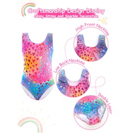 XiaoMoSha Gymnastics Leotards for Girls with Shorts and Hairband Sparkly Ballet Dance Set Rainbow Dancing Tumbling Kids Gradient Biketards Activewear PinkHearts 9-10Y