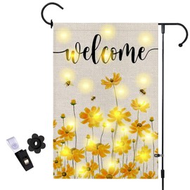 Spring Summer Floral Welcome Garden Flag with LED Lights, 12 x 18 Inch Double Sided Vertical Burlap Sunflower Bee Lighted Garden Flag for Seasonal Holiday Outdoor Yard Decoration