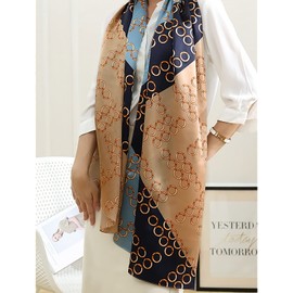LumiSyne Silk Scarf Women's Flower Printed Pattern Fashion Elegant Style Soft Skin-Friendly Warm Silk Scarf Long Neckerchiefs Sun Cream Stole All Season, Blue Brown