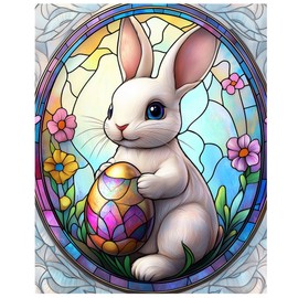 ARNLRDYA Easter Bunny and Eggs Paint by Number Kits for Adults Beginner, Christian Stained Glass Paint by Numbers, Religion Rabbit Flower Vintage Oil Painting for Gift Home Decor(16×20inch Unframe)