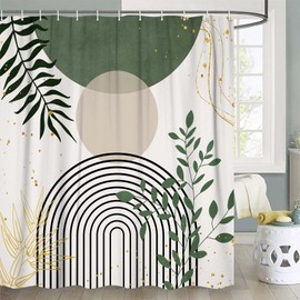 Boho - Cortina de ducha de color verde salvia, abstractas bohemias de mediados de siglo, juego de cortinas de ducha con estampado artístico de hojas de palma, accesorios de baño, tela impermeable, 12