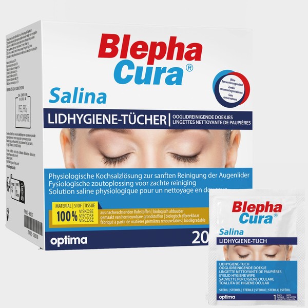 BlephaCura Salina 20 x Cloths for Eye Cleaning and Lid Hygiene, 100% Viscose, Lidhygiene Wipes, Sterile Moisturised Disposable Wipes, Eye Cleaning Pads for Eye Care