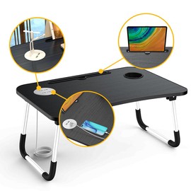 Laptop Desk for Bed,Elekin Portable Folding Lap Desk Bed Table Standing Work Black Table Bed Tray with 4 USB Port/Cup Holder/Drawer for Bed Couch/Sofa