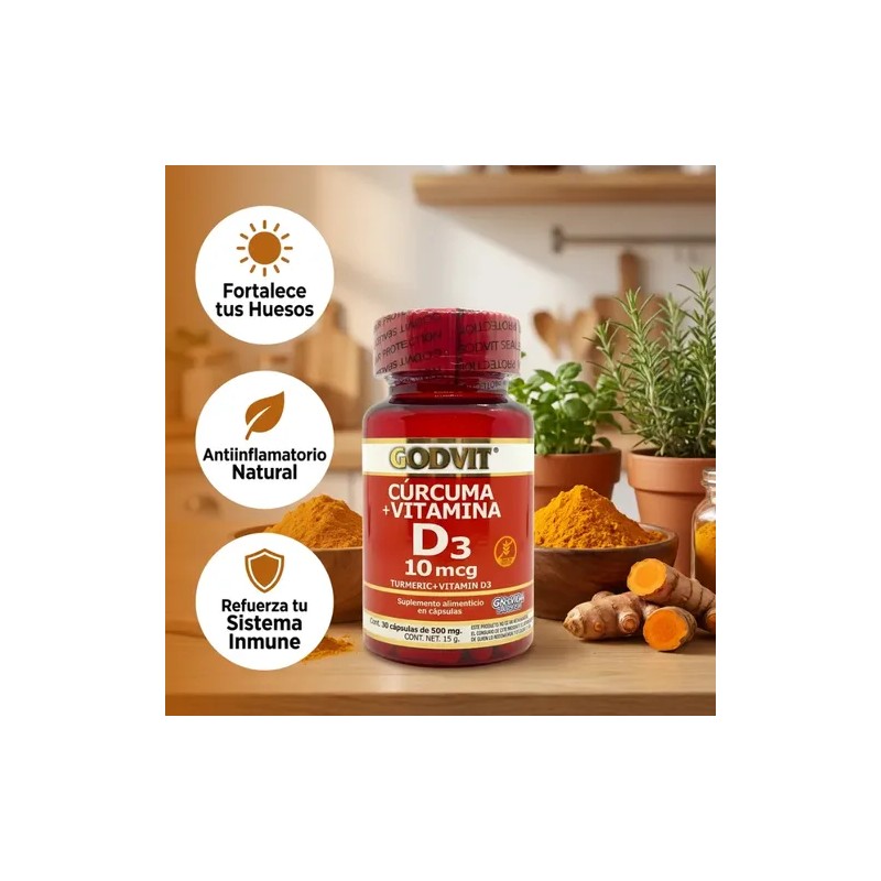 Cúrcuma Vitamina D3 Suplemento Godvit 30 Cápsulas 500mg