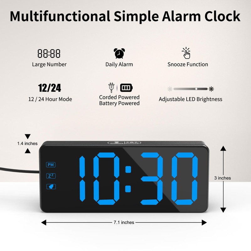 KWANWA Digital Alarm Clock with 3-Level Dimmer & Battery Backup
