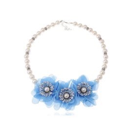 Alilang Womens Three Blue Flower Pendant Rhinestone Accented Faux Pearl Elegant Necklace
