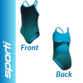 Sporti Athletic One Piece Swimsuit - Molecule Thin Strap Bathing Suit, Durable Lycra Xtra Life Fabric, UPF 50+, Comfortable V-Back - Ideal for Girls' Swim Team & Training - Blue/Green - 24