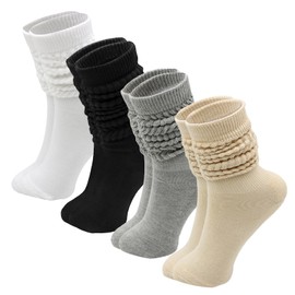 KASURE 4 Pairs Women's Slouch Socks, Leg Warmers Socks, Traditional Stockings, Long Socks, Extra Long Cotton Knitting, Knee High, Thick Scrunch Socks, Cotton Knitted Boots, Stockings, 39-44, White +