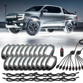 20 Pods Alloy Pure White LED Rock Light for Trucks Trailer Off Road ATV UTV SUV, IP68 Waterproof Aluminum Bright White Neon Underglow Light with Wiring Harness 6000K Metal Fender Lights