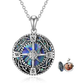 YAFEINI Compass Locket Necklace That Holds Pictures 925 Sterling Silver Celtic Knot Abalone Shell Compass Graduation Friendship Talisman Travel Necklace Inspirational Graduation Gift for Women Men