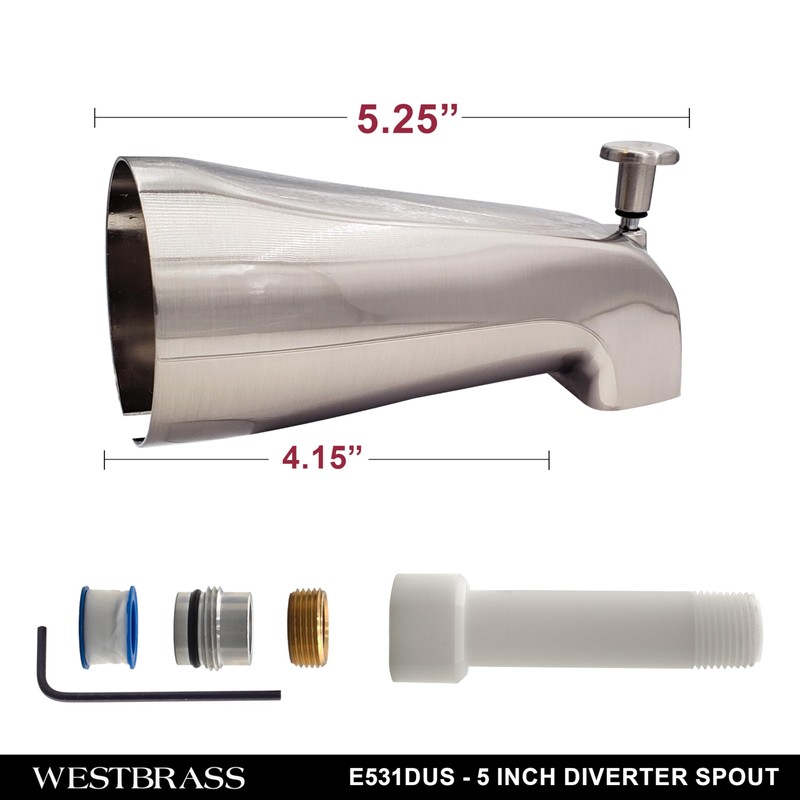 Westbrass E531DUS-07 Universal Fit 5-1/4" Diverter Tub Spout, Zinc, Satin
