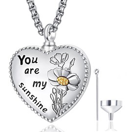 Zhi Kexin Sunflower Heart Urn Necklace for Ashes for Women 925 Sterling Silver You Are My Sunshine Cremation Memorial Pendant Ash Keepsake Jewelry, 0.79 inches, Sterling Silver, No Gemstone