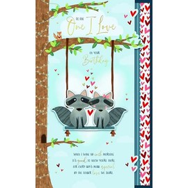 Wishing Well Birthday Card To The One I Love, Racoons On Swing Handmade Greeting Card Studios - 7x11ins