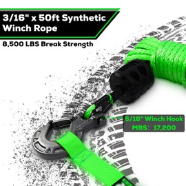 Synthetic Winch Rope Cable Kit, 3/16" x 50ft 8500LBS Green Winch Rope with Protective Sleeve, Forged Winch Hook, Rubber Stopper and Safety Pull Strap for ATV UTV