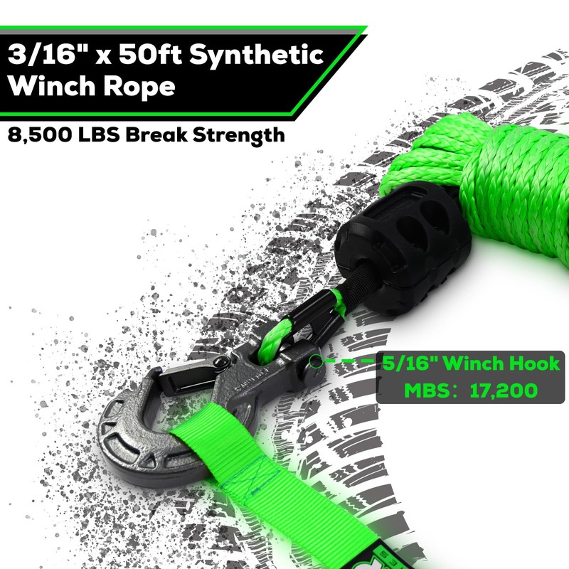 Synthetic Winch Rope Cable Kit, 3/16" x 50ft 8500LBS Green