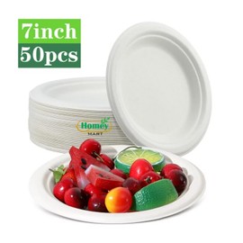 Disposable Paper Plates Extra Strength White Super Rigid Bagasse Plates 18cm Round 100% Compostable Biodegradable Sugarcane Plates for Family Events Schools Office BBQ Picnics Party- 7 Inch - 50 Pack