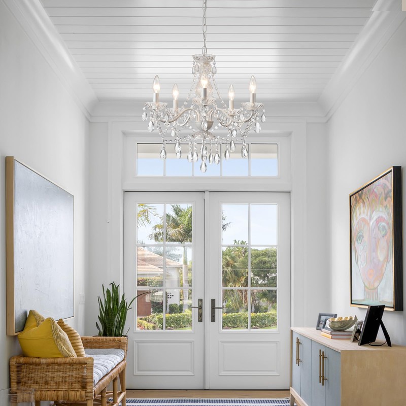 Crystal White Chandelier, Ceramic White Hanging Pendant Light,Crystals Pendant and