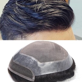 HAPPY&CC Tupé de hombre con encaje suizo frontal, piezas de cabello humano para hombre, parte superior fina mono con PU alrededor, sistema de reemplazo capilar para hombre, prótesis capilar para hombr