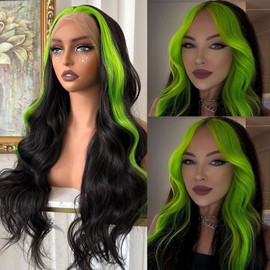 Heberac 13x3 Fluorescent Green Highlights Synthetic Lace Front Wigs body wave Wig Free Part loose wave hd lace front wigs water wave Glueless Pre Plucked Natural Hairline lace front wig