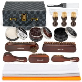Jdomall Shoe Care Kit - 16pc, Blue: Premium Deluxe Shoe Polish Kit - Black, Brown & Neutral Polish, Horsehair Brushes, Buffing Cloth & More for Leather Shoes & Boots Care