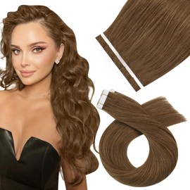 Moresoo Tape-In Real Hair Extensions, Brown, 35 cm, Remy Real Hair Extensions, Tape Hair Extensions, Thick Extensions, Real Hair Tape in Light Brown #8, 10 Pieces, 20 g
