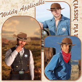 8Pcs Western Cowboy Fancy Dress Accessories Set, Brown Hat Paisley Bandanna Holster Belt Western Bolo Buckle Tie Necklace Sheriff Badge Wild West Cowboy Outfit Kit for Men Hippie Disco Party