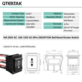 QTEATAK DC 12V 10A 6 Pin 3 Position (ON)-Off-(ON) AC 110V-220V Momentary Polarity Reverse Switch Motor Control Black Boat Rocker Toggle Switch with Wire KCD4-223-QT