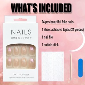 Short Almond Press on Nails Pink Aurora Fake Nails Glossy Chrome False Nails with Glitter Design Solid Color Glue on Nails Exquisite Full Cover Stick on Nails Natural Nail Kits for Women 24Pcs