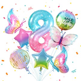 Partyhausy 8 Schmetterling Geburtstag Deko Mädchen,8pcs Bunt Schmetterlinge Folienballon 8，Zahlen Luftballon 8 Jahre Geburtstagsdeko für 8. Geburtstag Mädchen Deko