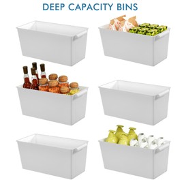 POPU BERRY Storage Bins with Bamboo Lid - Stackable Plastic Basket 6 Pack Large Lidded Organizing Boxes with Labels & Chalk Marker - Decorative Containers for Shelves Pantry Bathroom Classroom Office
