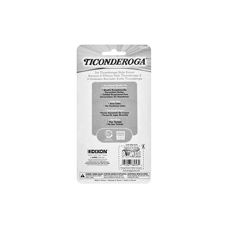 TICONDEROGA Erasers, Pencil Shaped, Latex-Free, Yellow, 1-3pak (38953)