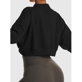 Remidoo Women's V Neck Cropped Sweatshirt Long Sleeve Loose Fit Drop Shoulder Pullover Top Black X-Small