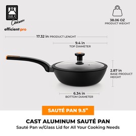 BRA COOKWARE Efficient Pro Nonstick Sauté Pan w/Lid | 9.5 Inch 3.2 Quart Cast Aluminum Deep Skillet | 3-Layer Scratch Resistant Coating | PFOA Free | All Cooktops Frying Pan | Heat-Resistant Handle