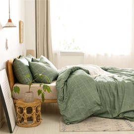 JELLYMONI 100% Natural Cotton 3pcs Plaid Duvet Cover Sets,Green with White Grid Geometric Pattern Printed Comforter Cover,with Zipper Closure & Corner Ties(Full Size)