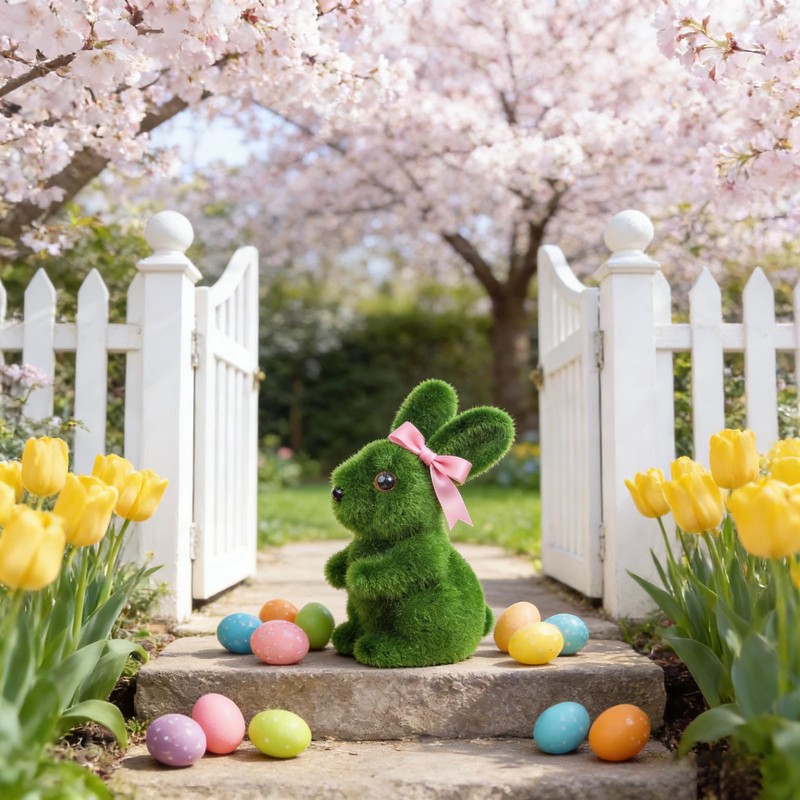 2Pcs Moss Flocked Bunny Easter Decorations 11CM Moss Rabbit Grass
