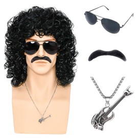 80s Short Black Curly Wig for Men,Long Curly Synthetic Wig with Mustache Glasses and Chain 70s Mullet Disco Wig with for Rocker Costume Cosplay Halloween