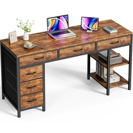 Huuger Computer Desk with 6 Drawers, 54 Inch Office Desk with Shelves, Reversible Gaming Desk, Corner Desk with Storage, Work Desk for Home Office, Study, Living Room, Rustic Brown