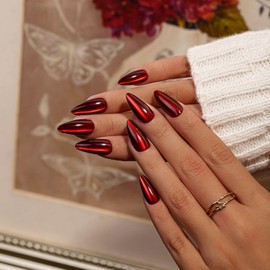 KQueenest Dark Red Cat Eye Press on Nails Almond Medium, Bling Black False Nails with Glue, Glazed Sparkly Fake Nails Press ons, Reusable Soft Gel Stick on Nail for Women Gothic Decoration, 30 Pcs