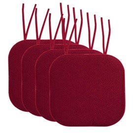 Sweet Home Collection Chair Cushion Memory Foam Pads with Ties Honeycomb Pattern Slip Non Skid Rubber Back Rounded Square 16" x 16" Seat Cover, 4 Pack, Wine Burgundy 4 Pack