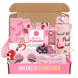 Flamingo Gifts Set for Women with Positive Crochet Flamingo, Keyring, Water Bottle, Socks, Bath Bomb, Bath Salt, Sleep Eye Mask, Scrunchies, Pink Headband and Affirmation Card