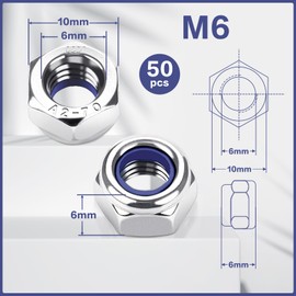 M6 Nuts Stainless Steel A2 V2A Self-Locking Nuts, Pack of 50 DIN985 Locking Nuts, Hexagonal Nuts, Niro Stop Nuts, Self-Locking Lock Nuts Set