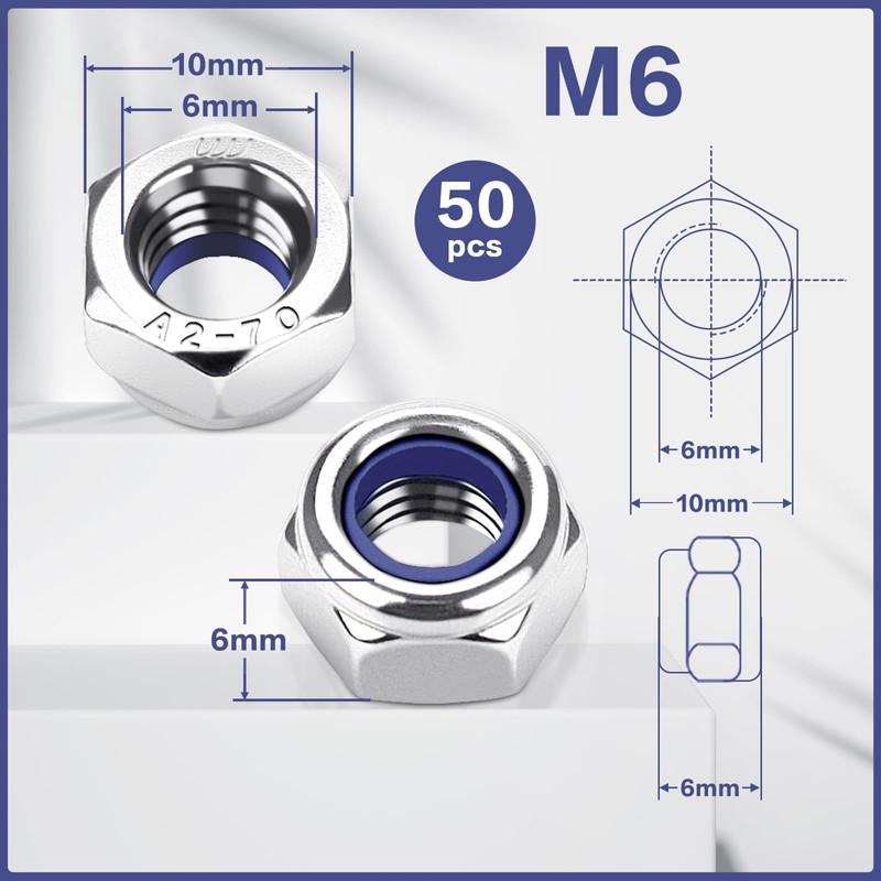 M6 Nuts Stainless Steel A2 V2A Self-Locking Nuts, Pack of
