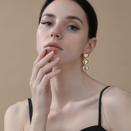 Heart Drop Earrings for Women Girls Chunky Gold Triple Love Heart Drop Dangling Studs Earring Vintage Elegant Valentine's Statement Anniversary Polished Chic Piercing Earrings Jewellery Gifts