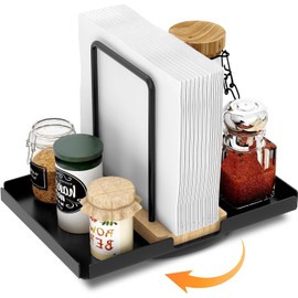 STWWO Rotating Napkin Holder, Black, Metal & Wood Napkin Holder with Caddy for Salt and Pepper Shakers, Napkin Dispenser for Table, Kitchen Accessories, Napkin Holder for Decorating