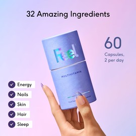 FEEL FEEL Multivitamin - 32 Active Ingredients for Daily Wellbeing - Bioavailable Formula with Botanicals, Mushrooms & Turmeric - 100% Vegan Vitamin Supplements - 60 Capsules