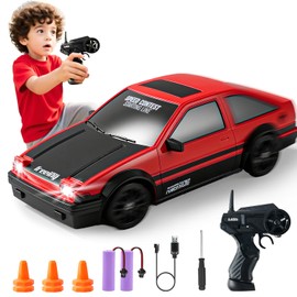 SANCO 1:24 RC Drift Car with LED Lights, 2.4GHz Remote Control Car, Includes 2 Batteries & 2 Sets of Tires for Racing & Drifting, Electric Hobby Racing Toy for Adults, Boys & Kids(Red)