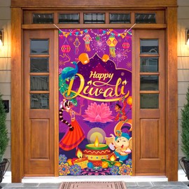 DPKOW Diwali Decorations Indian Diwali Door Cover, Happy Diwali Door Banner Deepavali Door Porch Sign for Indian Festival of Lights Diwali Festival Decoration Supplies House Indoor Outdoor, 185*90cm