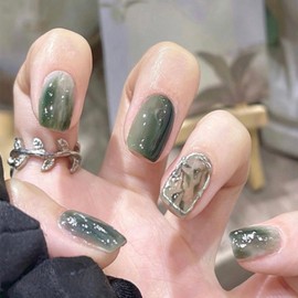 Aikeis 24 Pieces Green Leaves Green Branch Short Oval Nail Stickers Ink Art Design Fake Nails for Women Full Cover Nails Short Nails