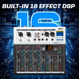 BEKBOES Professional Audio Mixer, 4 Channel, Input 48V Phantom Power Stereo Digital USB Bluetooth MP3 Computer Input, Build-in 16 Effect DSP, for Recording, Live Streaming, Podcasting