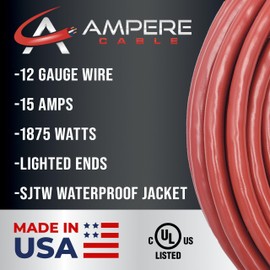 10 ft - 12 Gauge Extension Cord Outdoor - Made in USA - Lighted on Both Ends - Red Outdoor Extension Cord Waterproof by Anthem Cable - Heavy Duty Extension Cord 10 ft 15 Amp Extension Cord